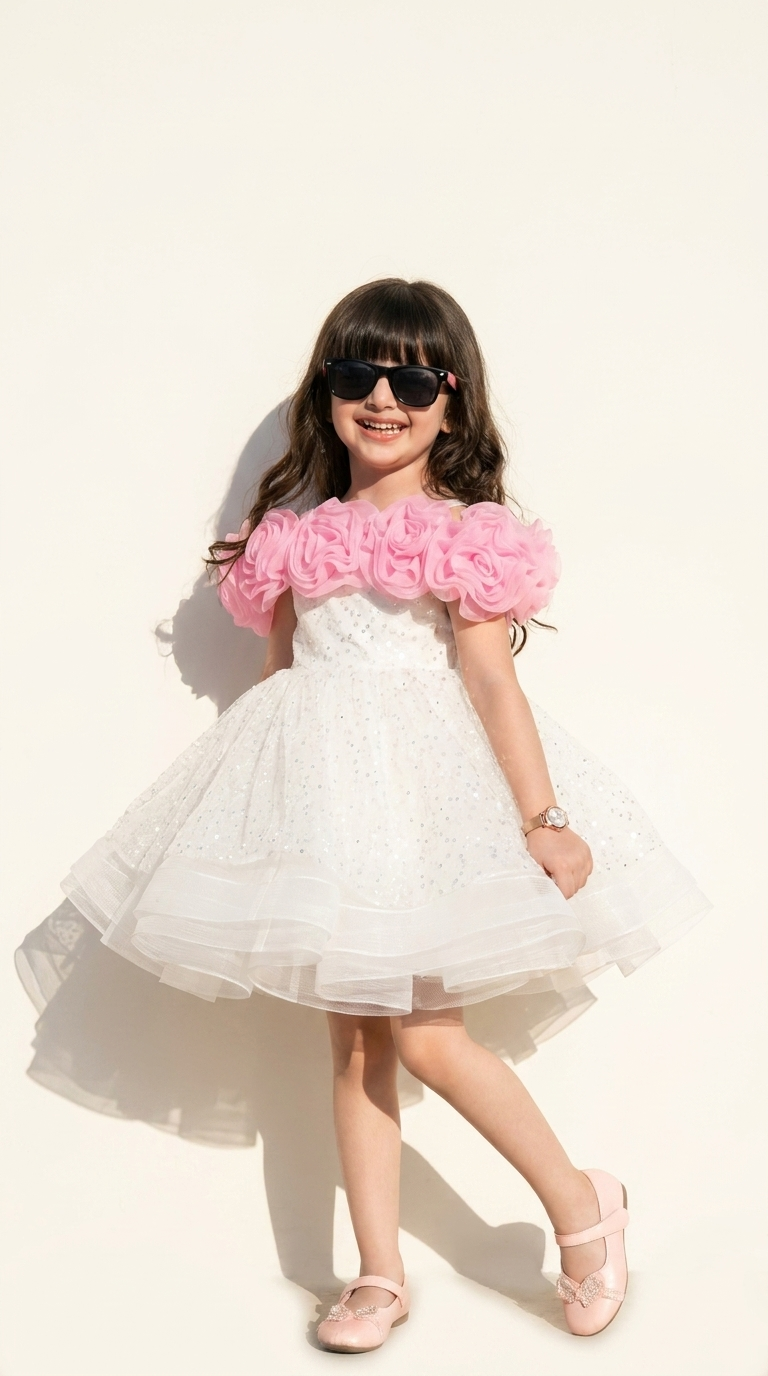 Girls White & Pink Floral Tulle Party Dress