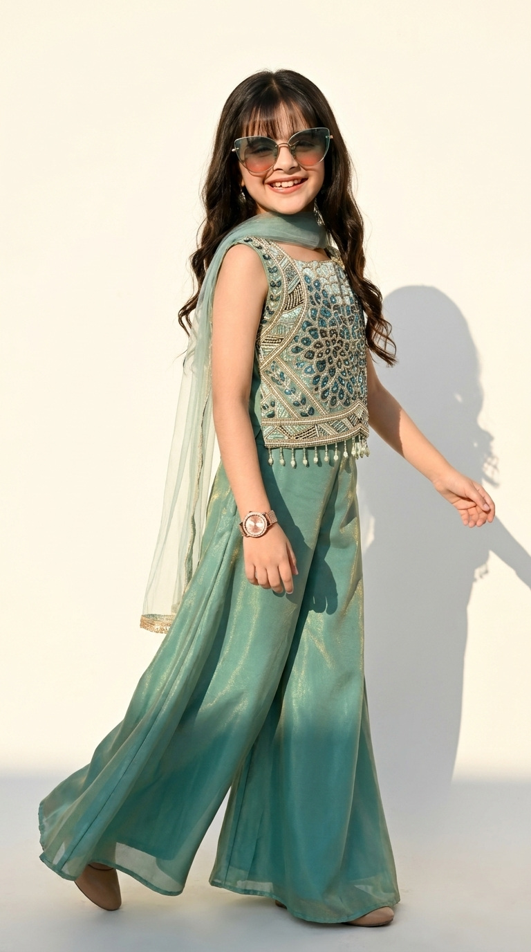 Aqua Green Embroidered Palazzo Set
