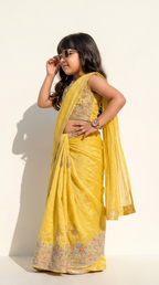 Sunshine Yellow Embroidered Kids Saree Set