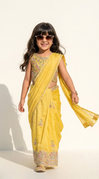 Sunshine Yellow Embroidered Kids Saree Set