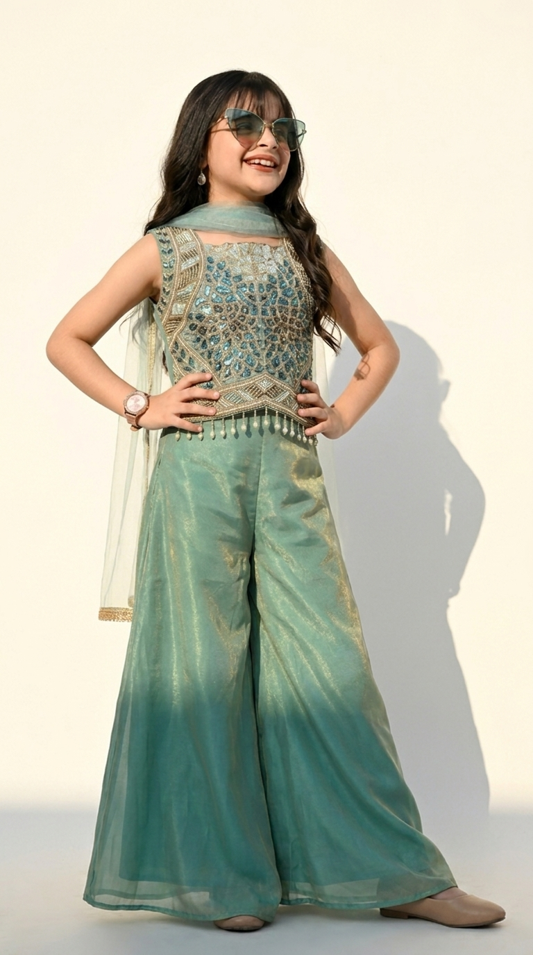 Aqua Green Embroidered Palazzo Set