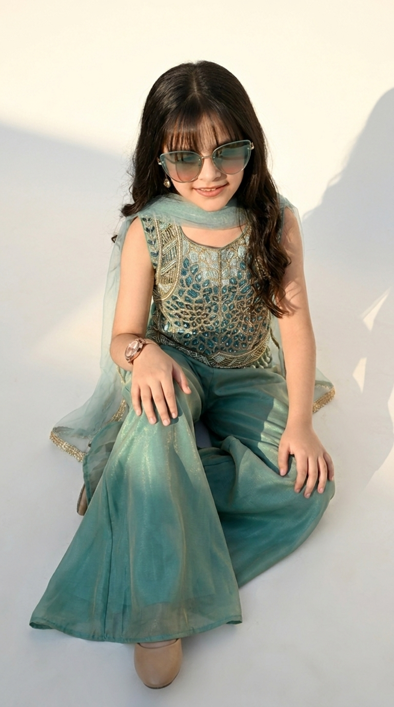 Aqua Green Embroidered Palazzo Set