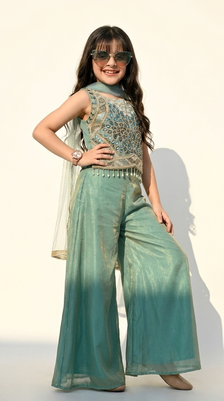 Aqua Green Embroidered Palazzo Set