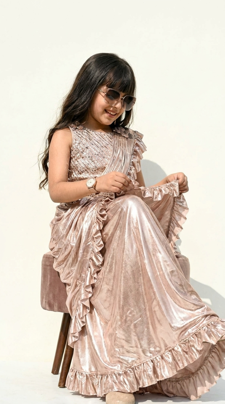 Rose Gold Shimmer Pre-Draped Saree Gown