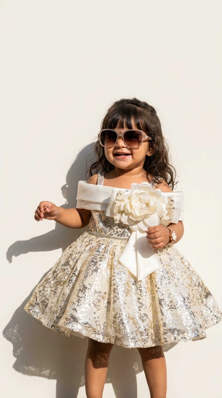 Champagne Sequin Flower Party Dress