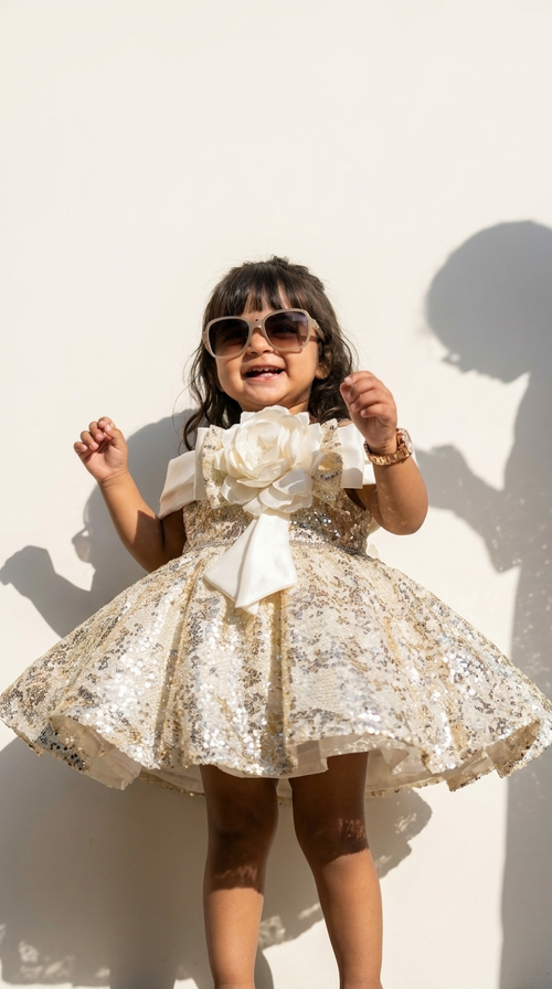 Champagne Sequin Flower Party Dress
