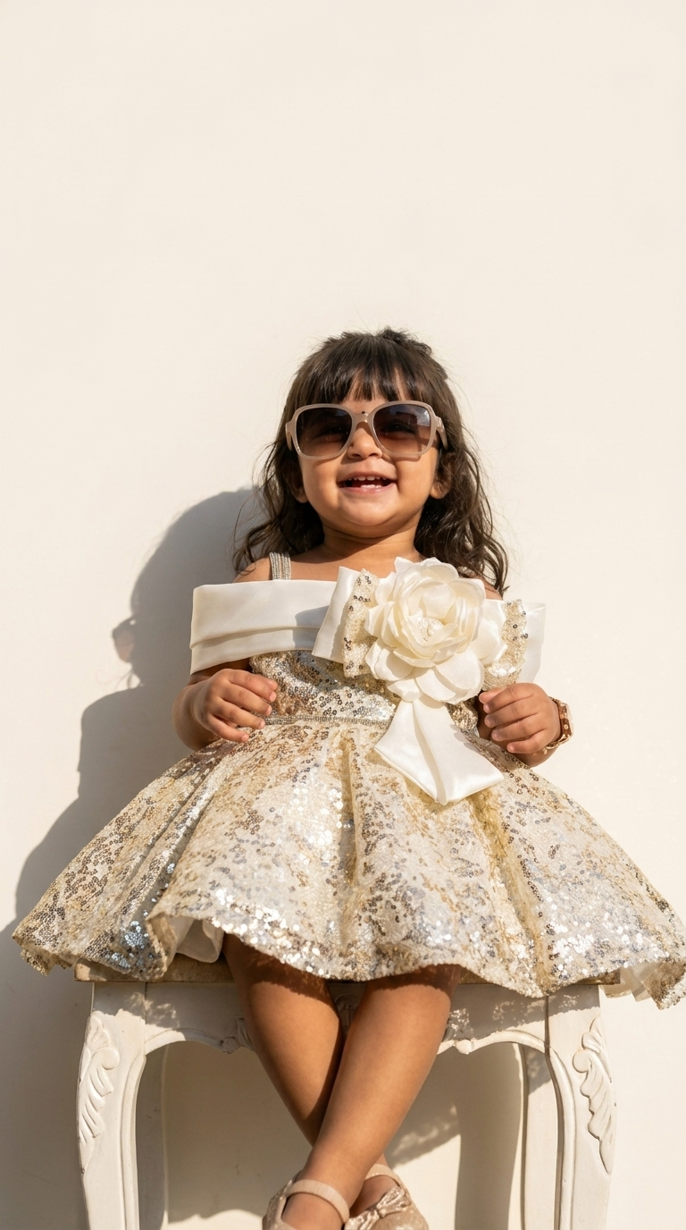 Champagne Sequin Flower Party Dress