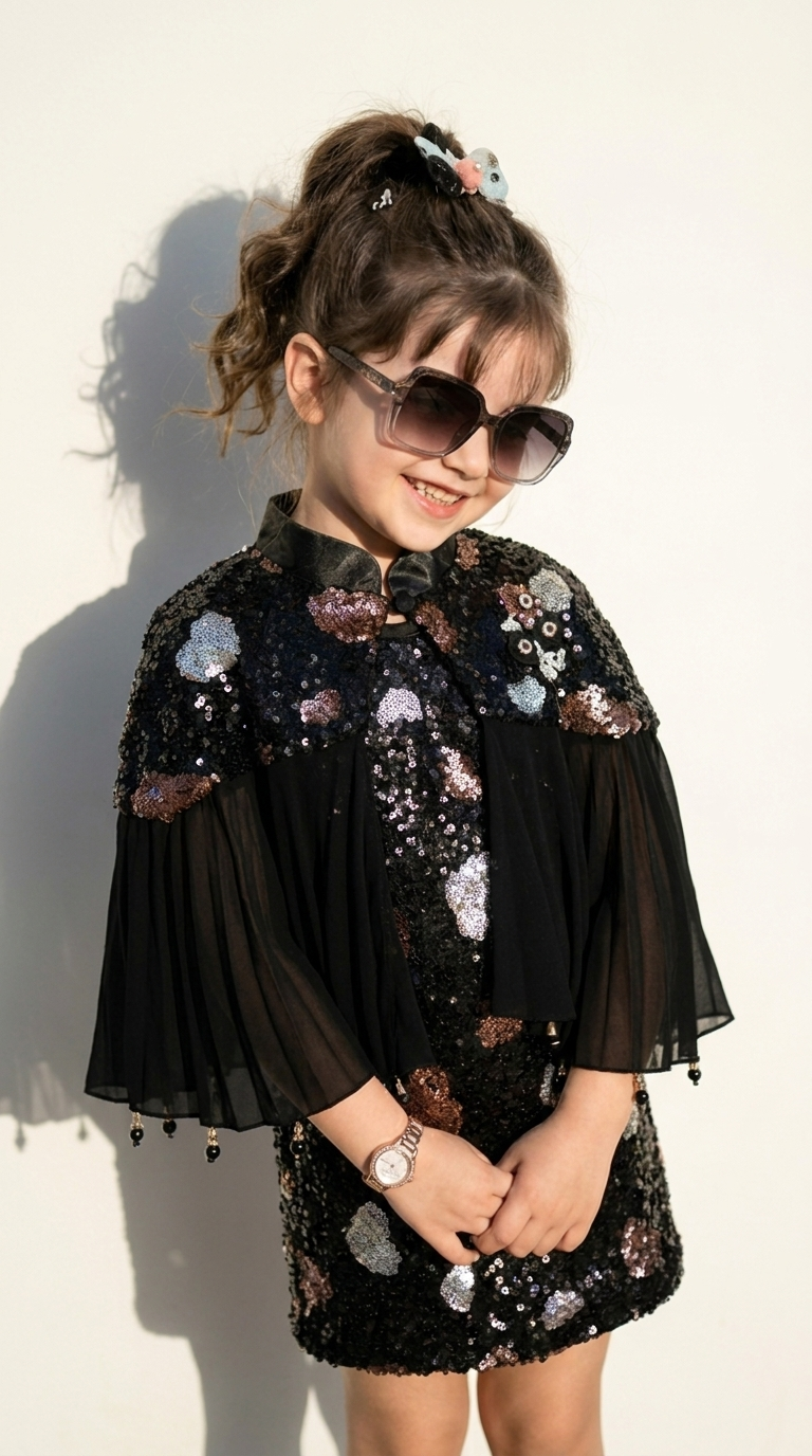 Midnight Stardust Sequin Cape Dress