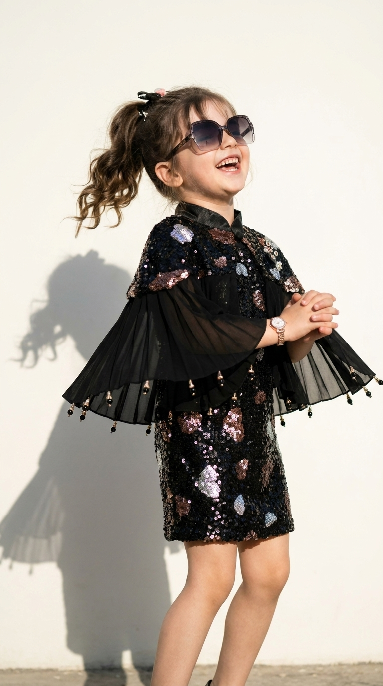 Midnight Stardust Sequin Cape Dress