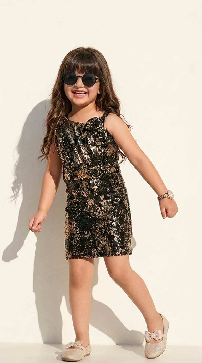 Midnight Gold Sparkle Bow Party Dress