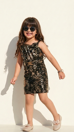 Midnight Gold Sparkle Bow Party Dress