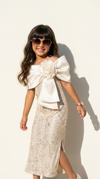 Girls Champagne Sequin Floral Bow Party Gown