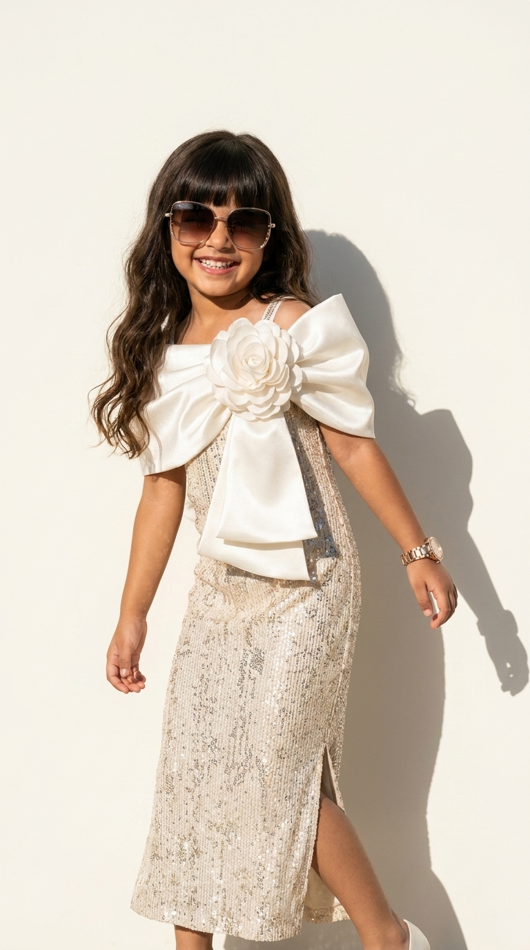 Girls Champagne Sequin Floral Bow Party Gown