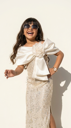 Girls Champagne Sequin Floral Bow Party Gown