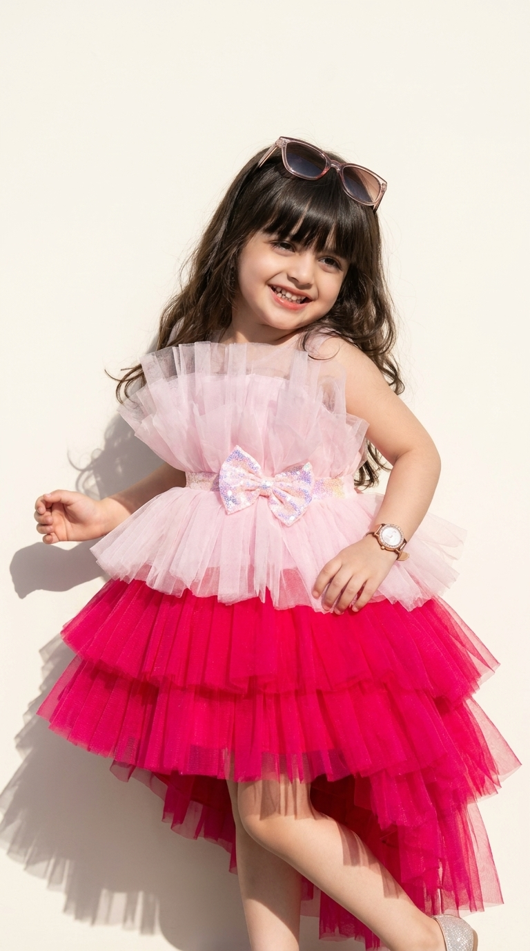 Girls Pink Layered Tulle High-Low Party Dress