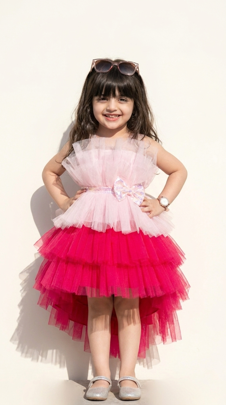 Girls Pink Layered Tulle High-Low Party Dress