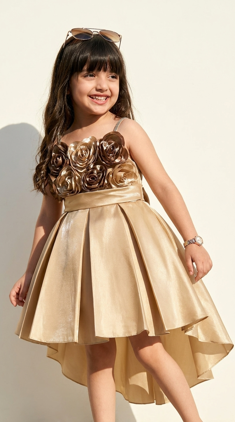 Girls Champagne 3D Floral High-Low Party Dress