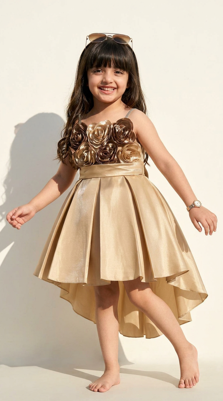 Girls Champagne 3D Floral High-Low Party Dress