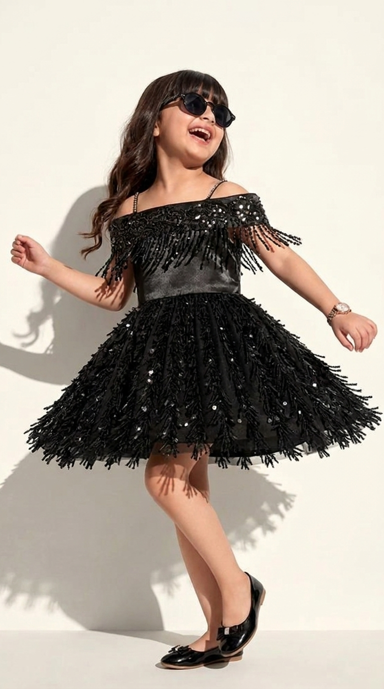 Black Sequin Fringe Party Dress