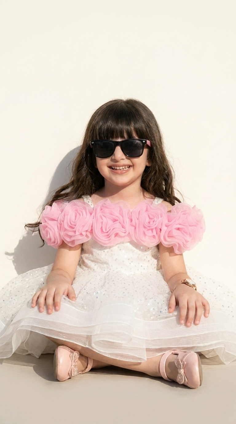 Girls White & Pink Floral Tulle Party Dress