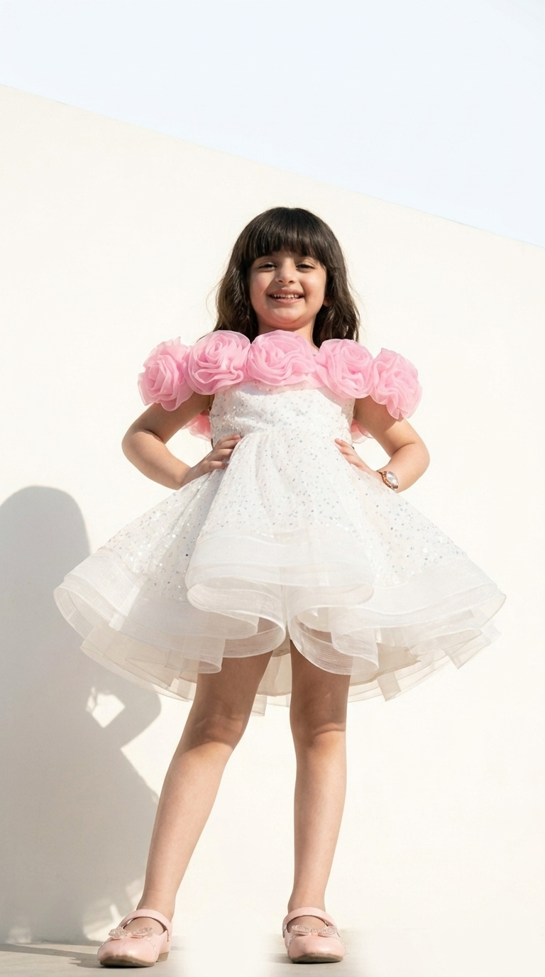 Girls White & Pink Floral Tulle Party Dress