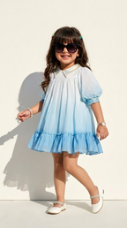 Sky Blue Embroidered Peter Pan Collar Girls A-Line Dress