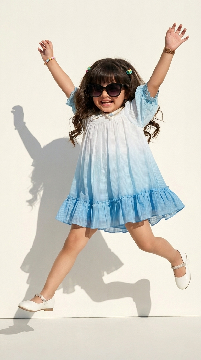Sky Blue Embroidered Peter Pan Collar Girls A-Line Dress