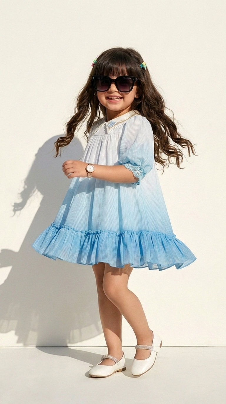 Sky Blue Embroidered Peter Pan Collar Girls A-Line Dress
