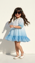 Sky Blue Embroidered Peter Pan Collar Girls A-Line Dress