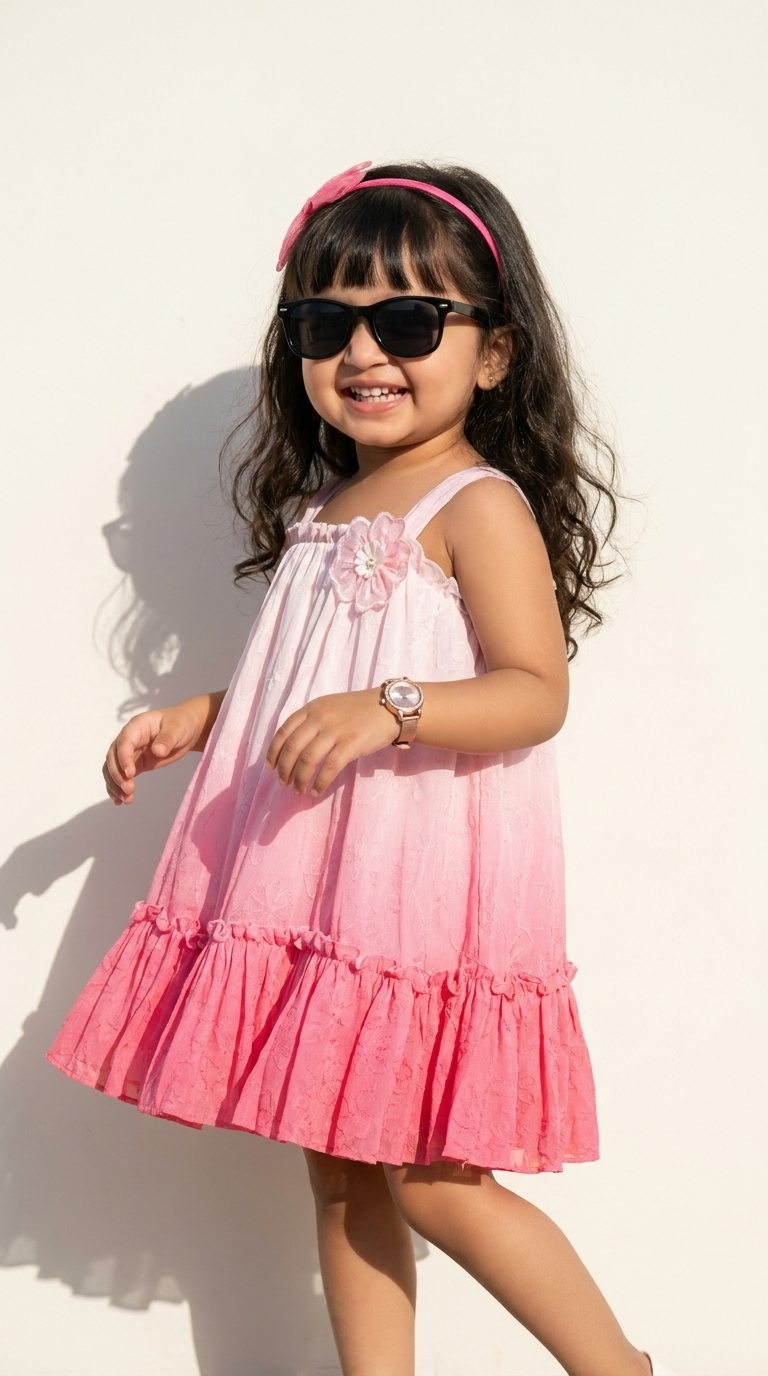 Blush Pink Ombre Floral Girls Ruffle Hem Dress
