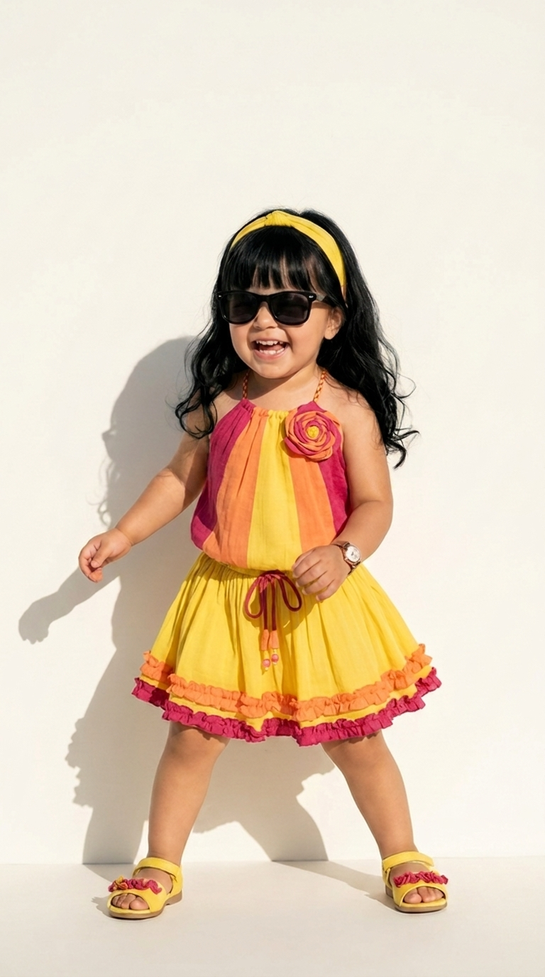 Sunshine Yellow Colorblock Floral Girls Summer Dress