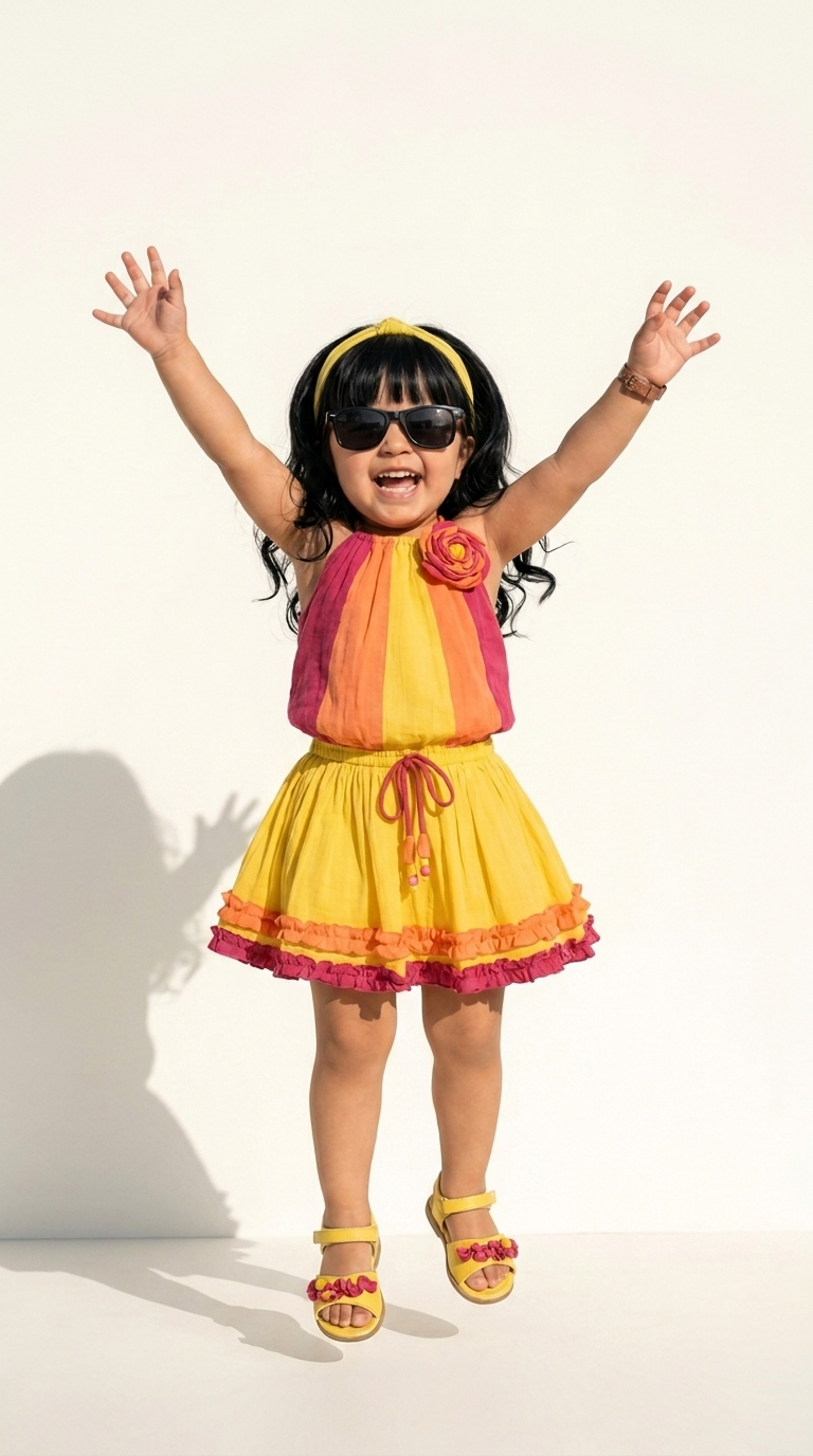 Sunshine Yellow Colorblock Floral Girls Summer Dress