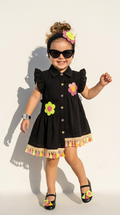 Black Floral Appliqué Tassel Hem Girls Shirt Dress