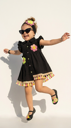 Black Floral Appliqué Tassel Hem Girls Shirt Dress