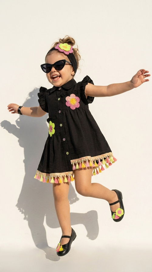 Black Floral Appliqué Tassel Hem Girls Shirt Dress