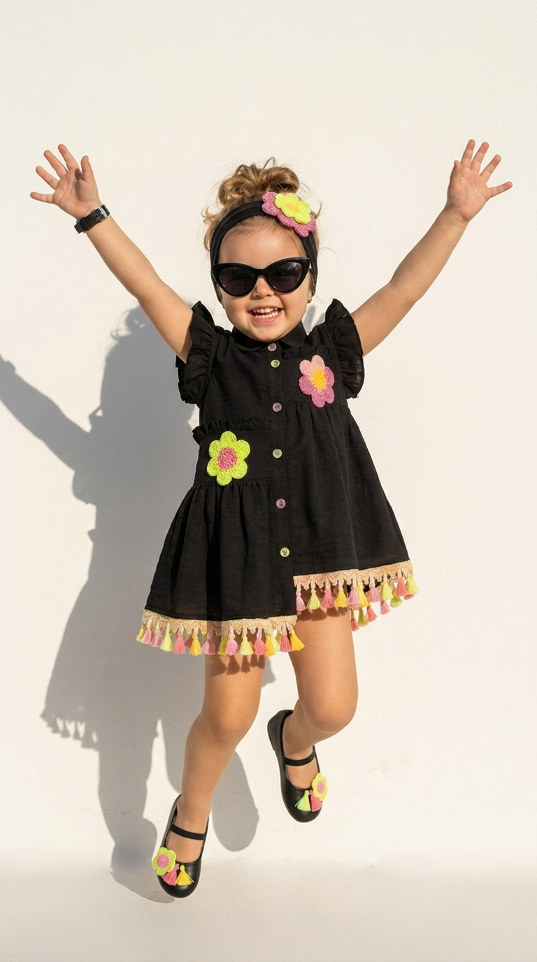 Black Floral Appliqué Tassel Hem Girls Shirt Dress