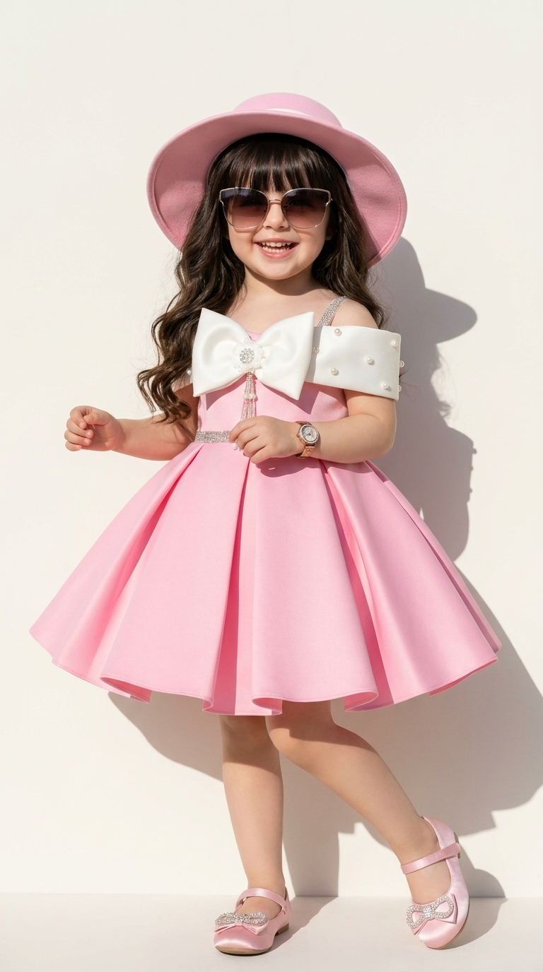 Blush Pink Pearl Bow Girls Party Dress