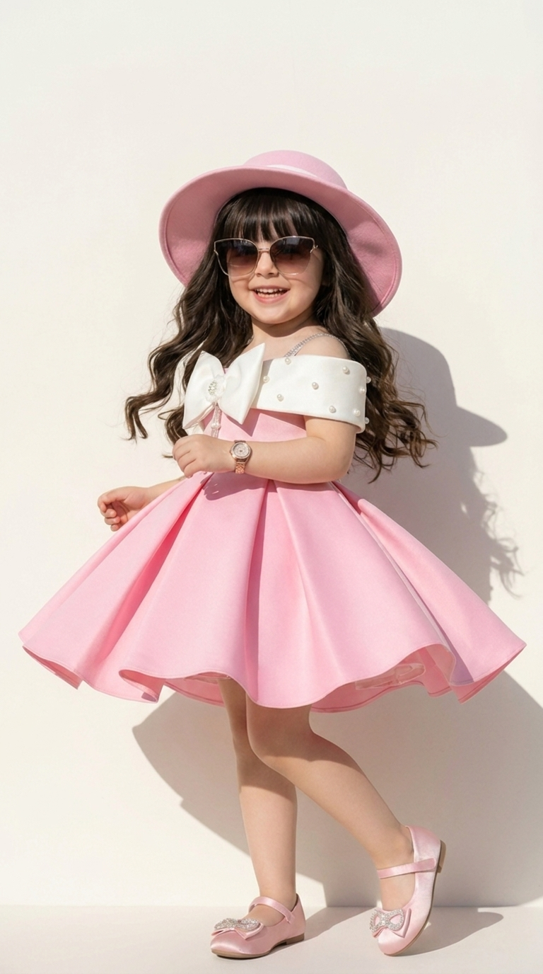Blush Pink Pearl Bow Girls Party Dress