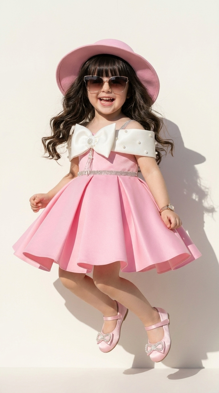 Blush Pink Pearl Bow Girls Party Dress