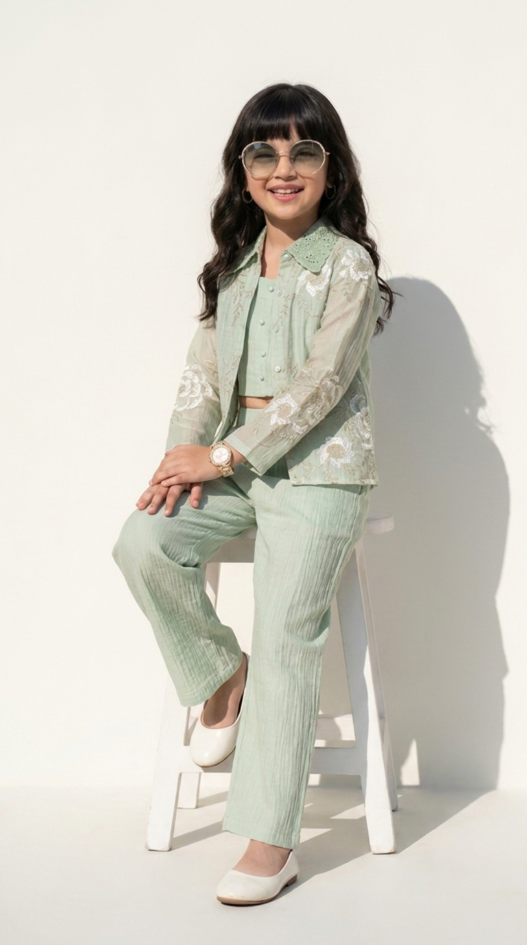 Mint Bloom Embroidered 3-Piece Co-Ord Set