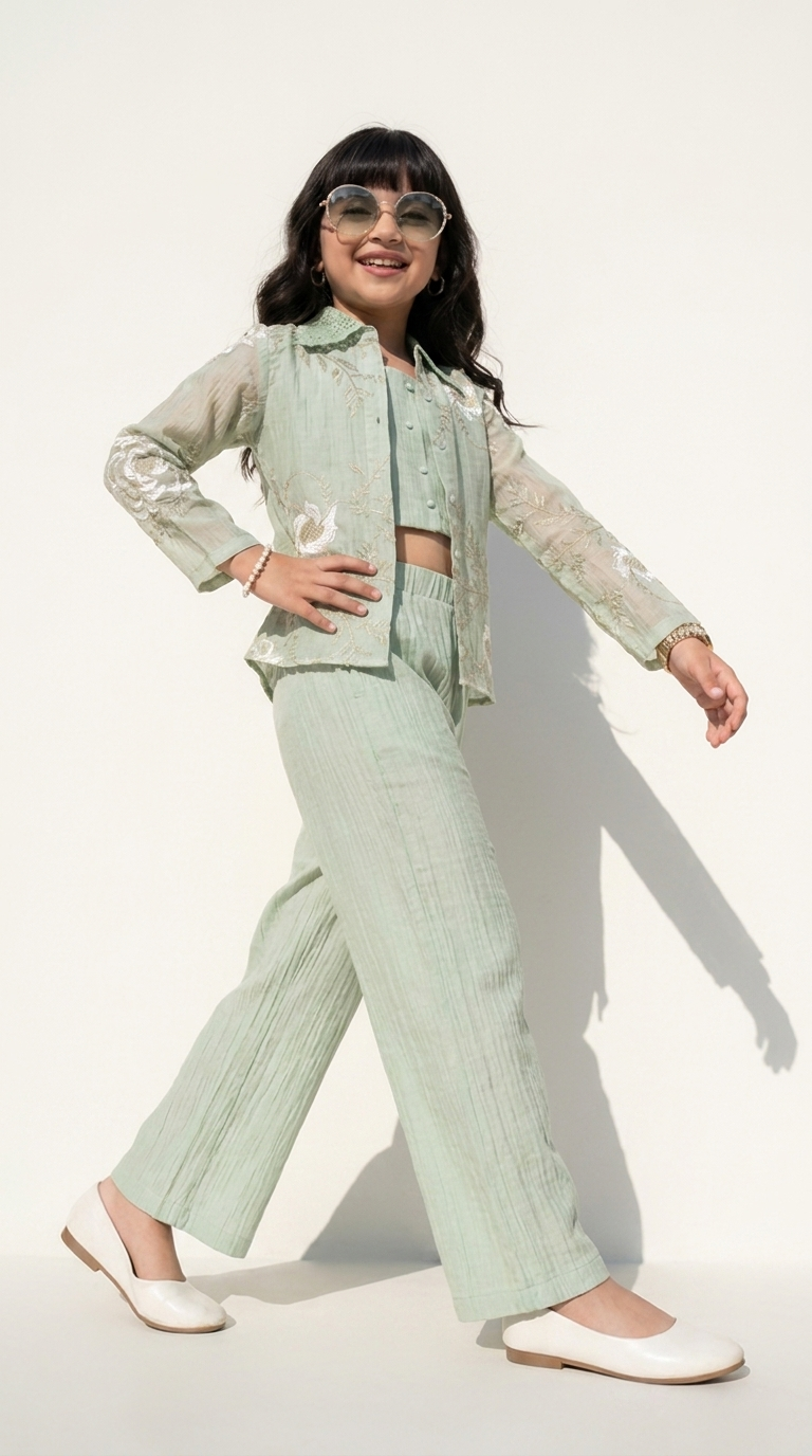 Mint Bloom Embroidered 3-Piece Co-Ord Set