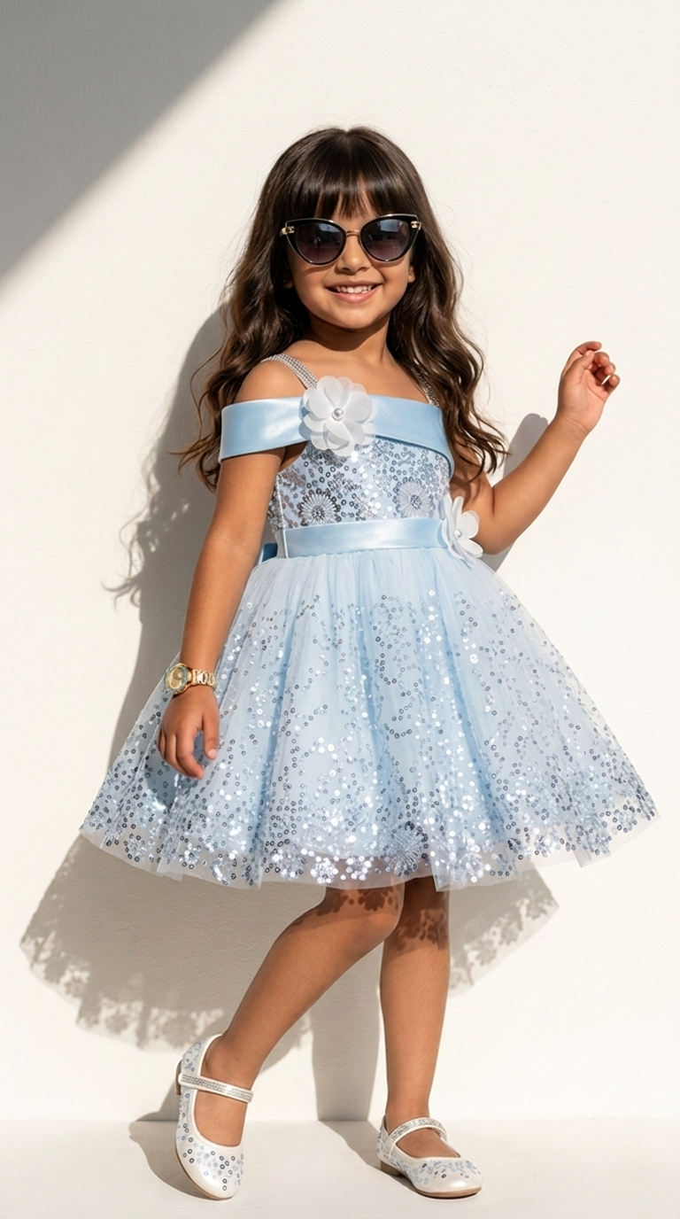 Icy Blue Sequin Bloom Party Dress