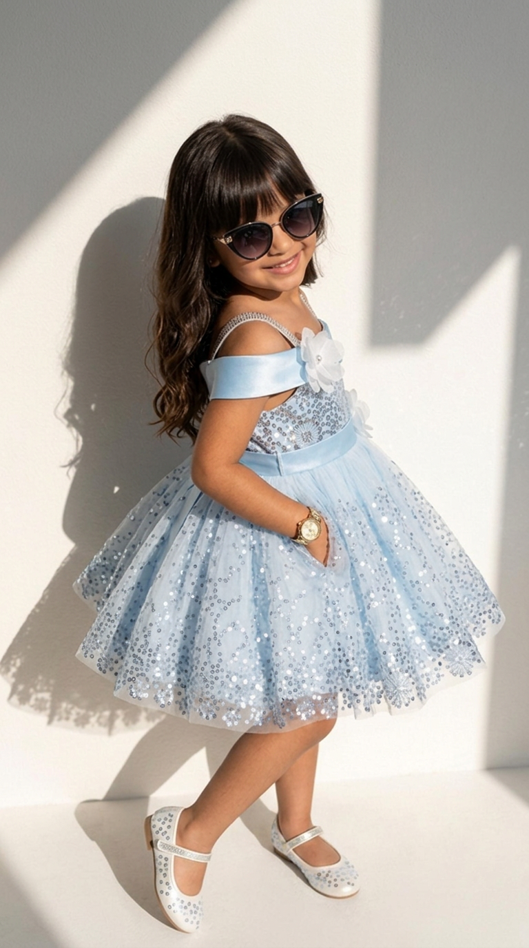 Icy Blue Sequin Bloom Party Dress