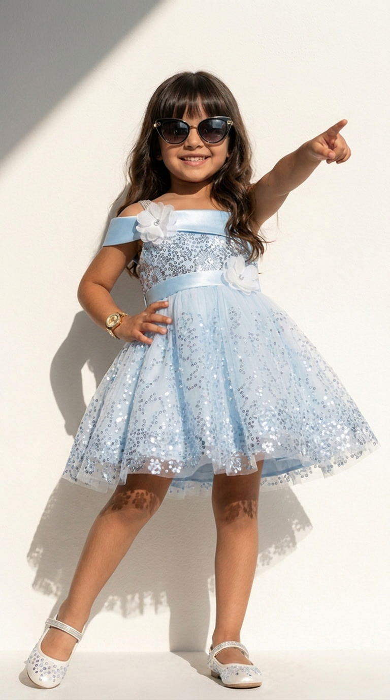 Icy Blue Sequin Bloom Party Dress