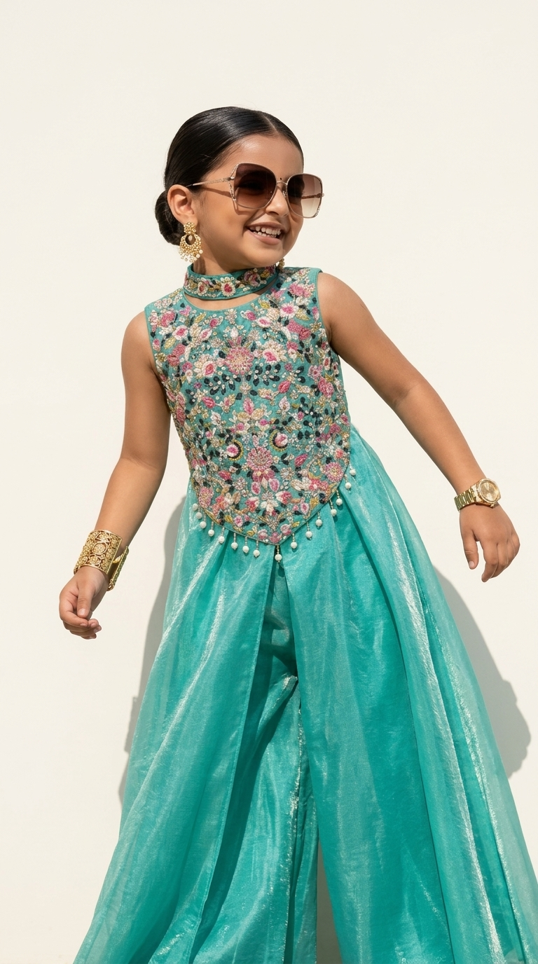 TURQUOISE FLORAL EMBROIDERED PALAZZO SET