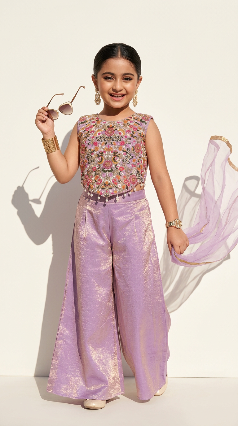 Lavender Floral Embroidered Palazzo Set
