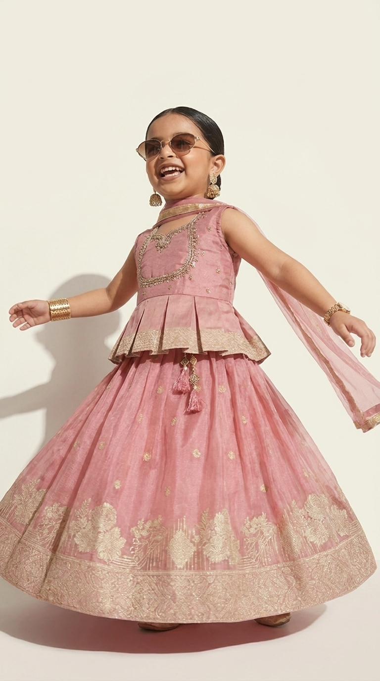 Blush Pink Gold Zari Anarkali Lehenga Set