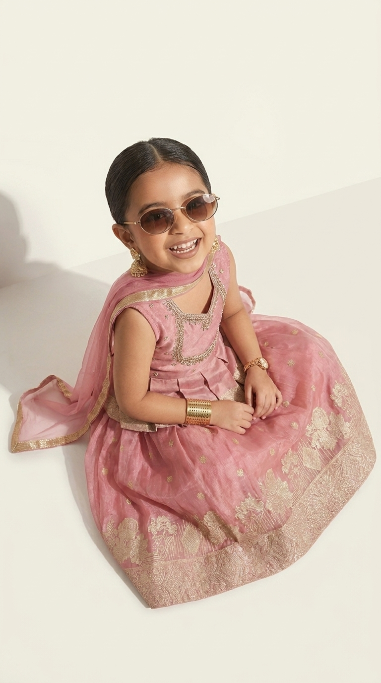 Blush Pink Gold Zari Anarkali Lehenga Set