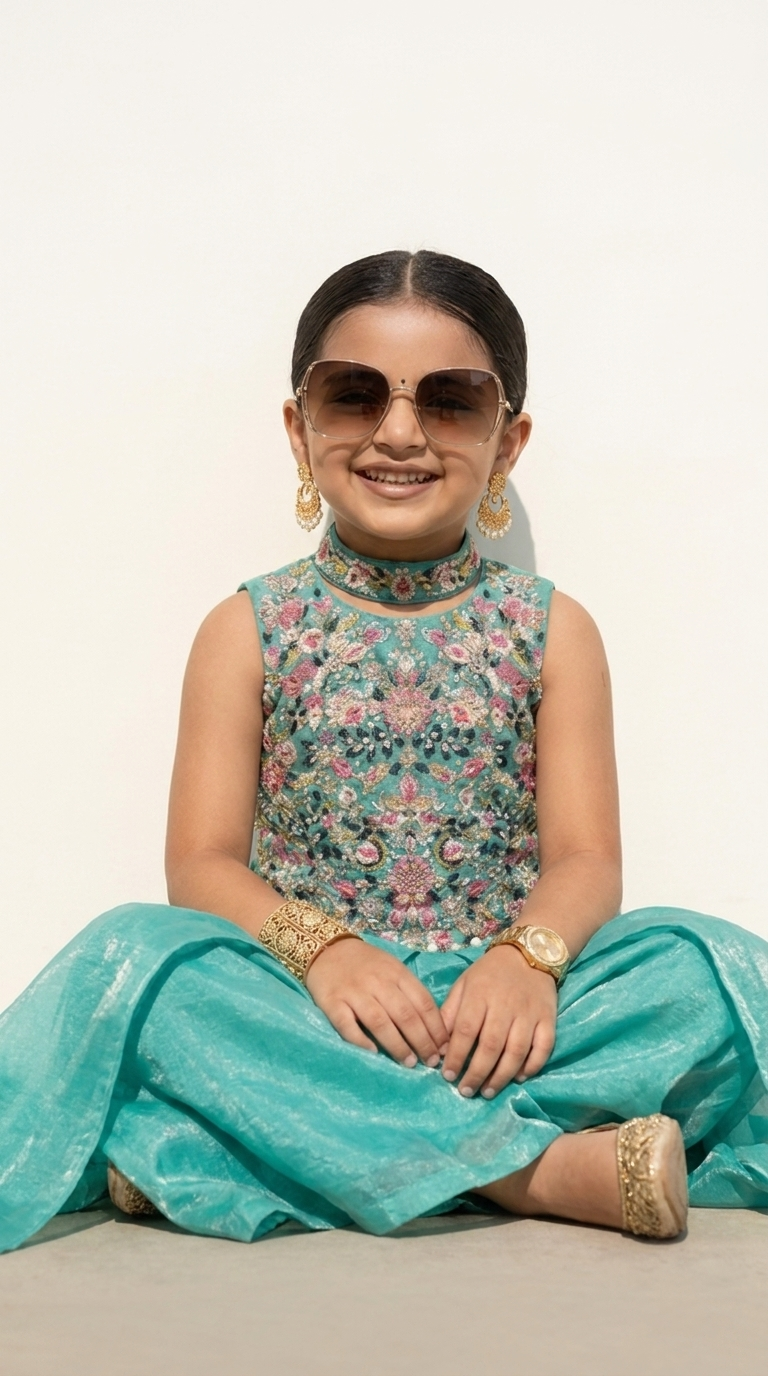 TURQUOISE FLORAL EMBROIDERED PALAZZO SET