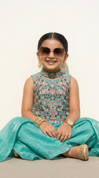 TURQUOISE FLORAL EMBROIDERED PALAZZO SET